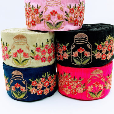Pink Art Silk Trim With Floral Embroidery & Sequins, Red, Green And Gold Flower Embroidered Trim